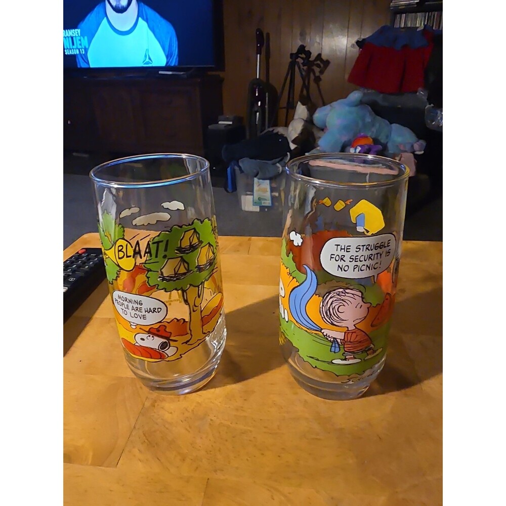 2 1983 McDonalds Camp Snoopy Glasses Charlie Brown Lucy Linus Woodstock